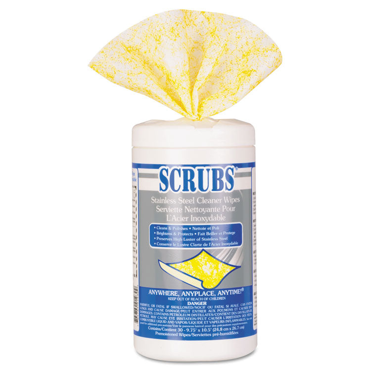 SCRUBS - Stainless Steel Cleaner Towels, 1-Ply, 9.75 x 10.5, Lemon Scent, 30/Canister
