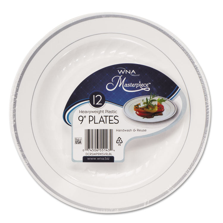WNA - Masterpiece Plastic Plates, 9" dia, White/Silver, 10/Pack, 12 Packs/Carton
