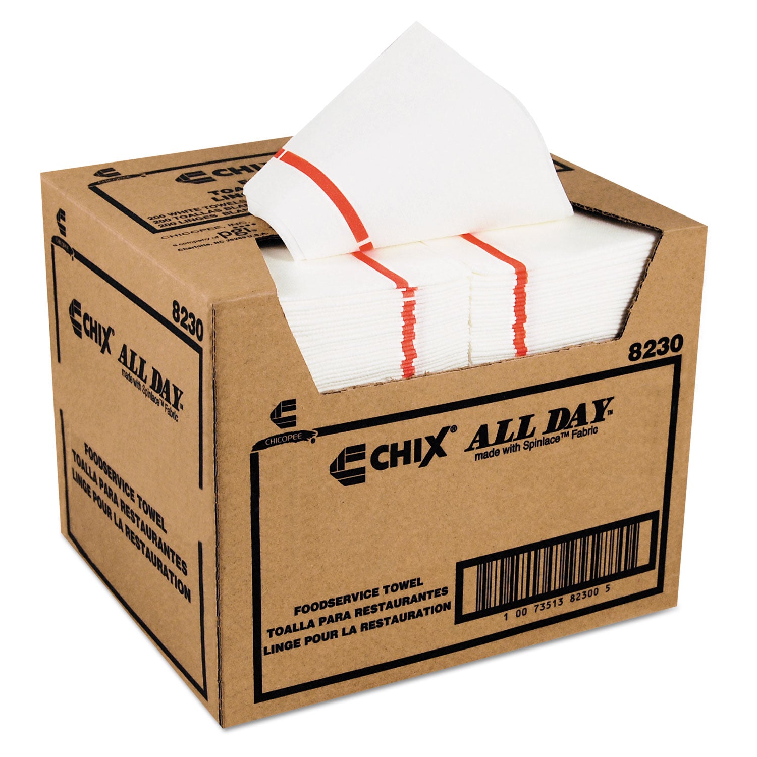 Chicopee All Day Foodservice Towels, 1-Ply, 12.25 x 21, White/Red Stripe, 200/Carton