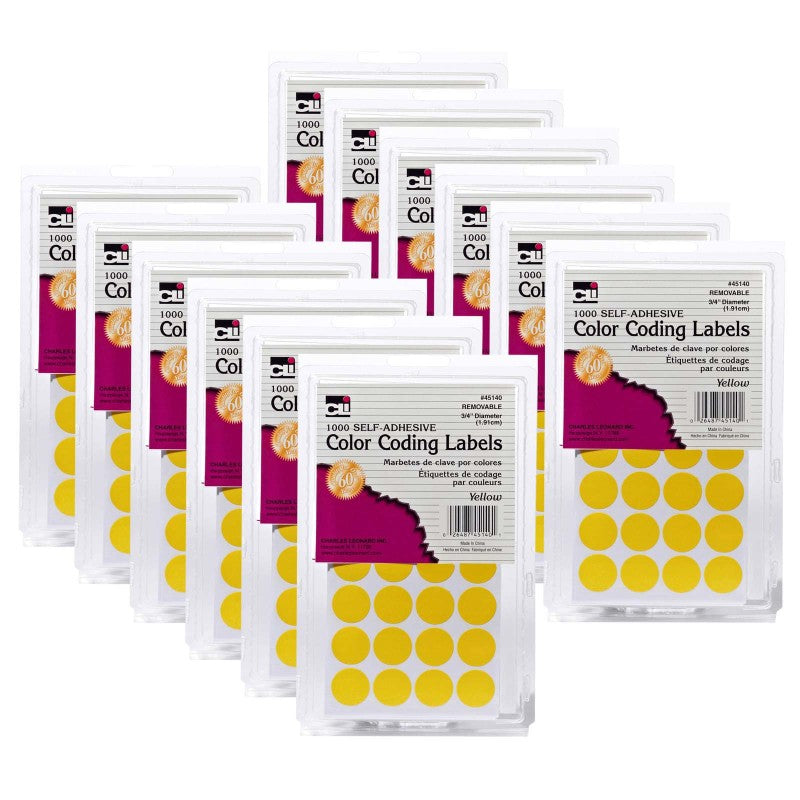 CHARLES LEONARD - Color Coding Labels, 3/4", Yellow, 1000 Per Pack, 12 Packs