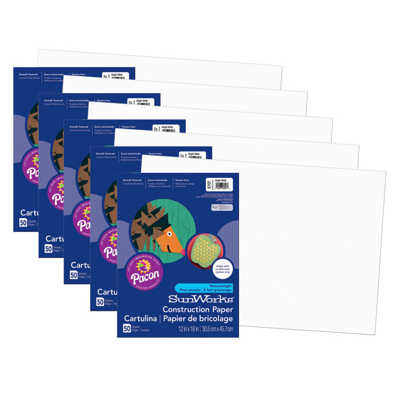 PRANG - Construction Paper, Bright White, 12" x 18", 50 Sheets Per Pack, 5 Packs