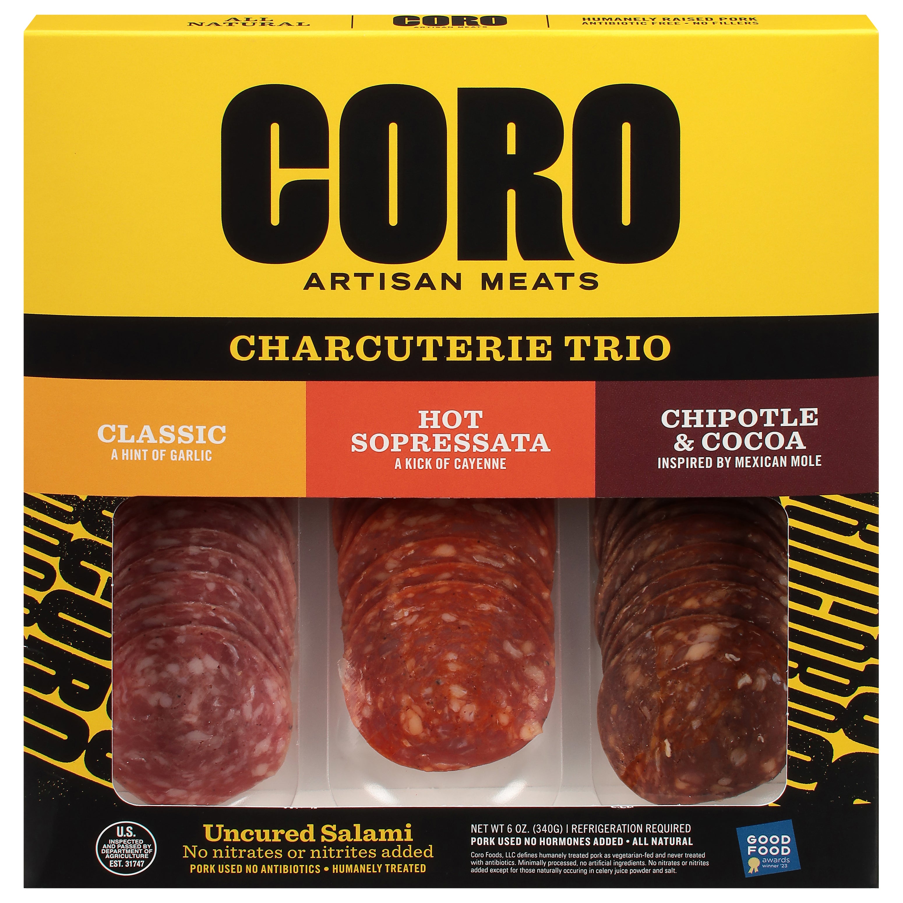 Coro Classic/Hot Sopressata/Chipotle & Cocoa Charcuterie Trio 6 oz - Case of 10