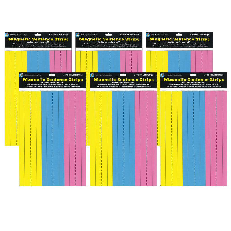 ASHLEY PRODUCTIONS - Die-Cut Magnetic Pink/Blue/Yellow Sentence Strips, 2.75" x 11", 3 Per Pack, 6 Packs