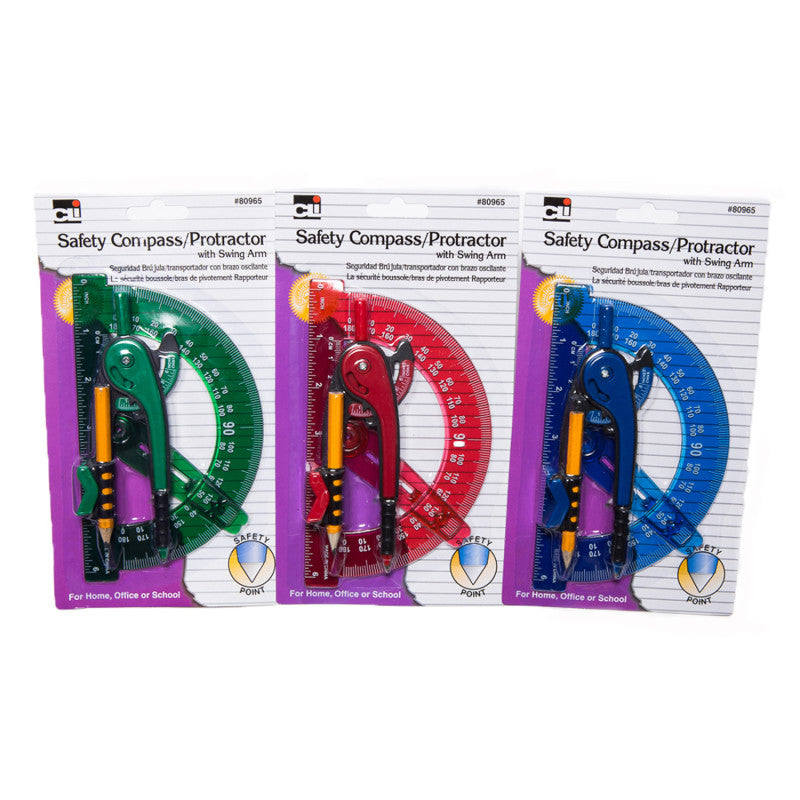 CHARLES LEONARD - Compass Safety and 6" Swing Arm Protractor, Assorted Colors, Pack of 12