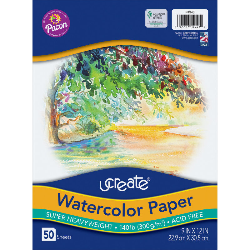 UCREATE - Watercolor Paper, White, Package, 140 lb., 9" x 12", 50 Sheets