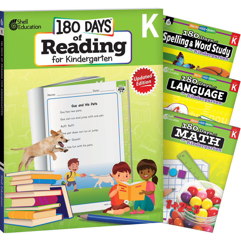 SHELL EDUCATION - 180 Days Reading, Spelling, Language, & Math Grade K: 4-Book Set