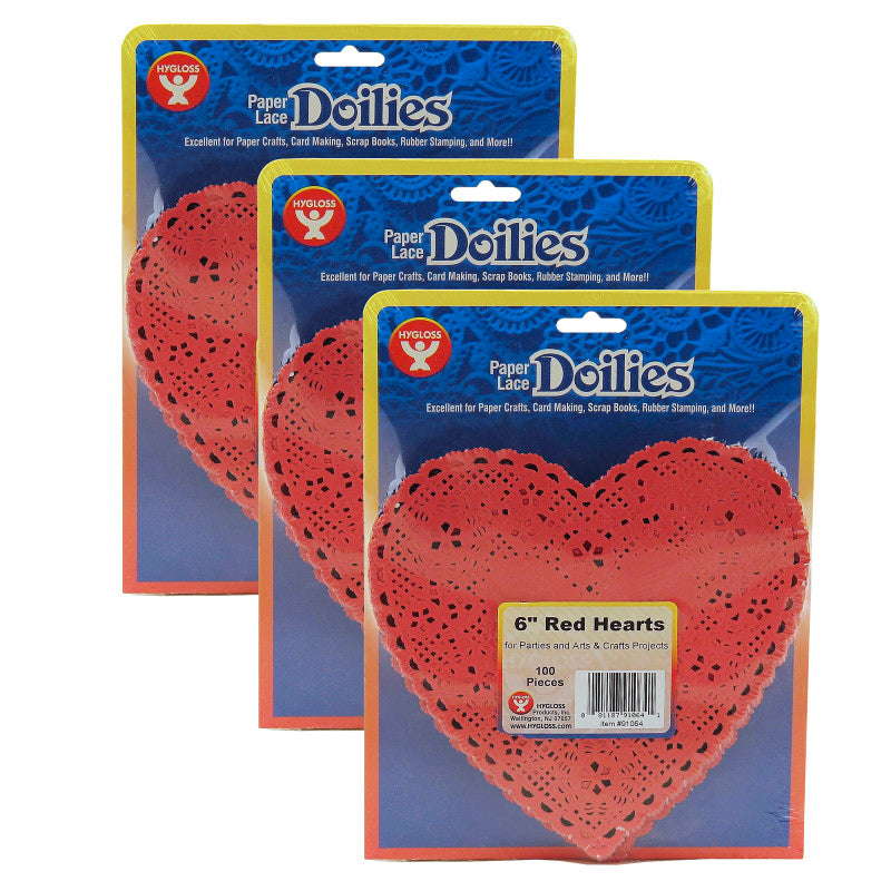 HYGLOSS - Heart Doilies, Red, 6", 100 Per Pack, 3 Packs