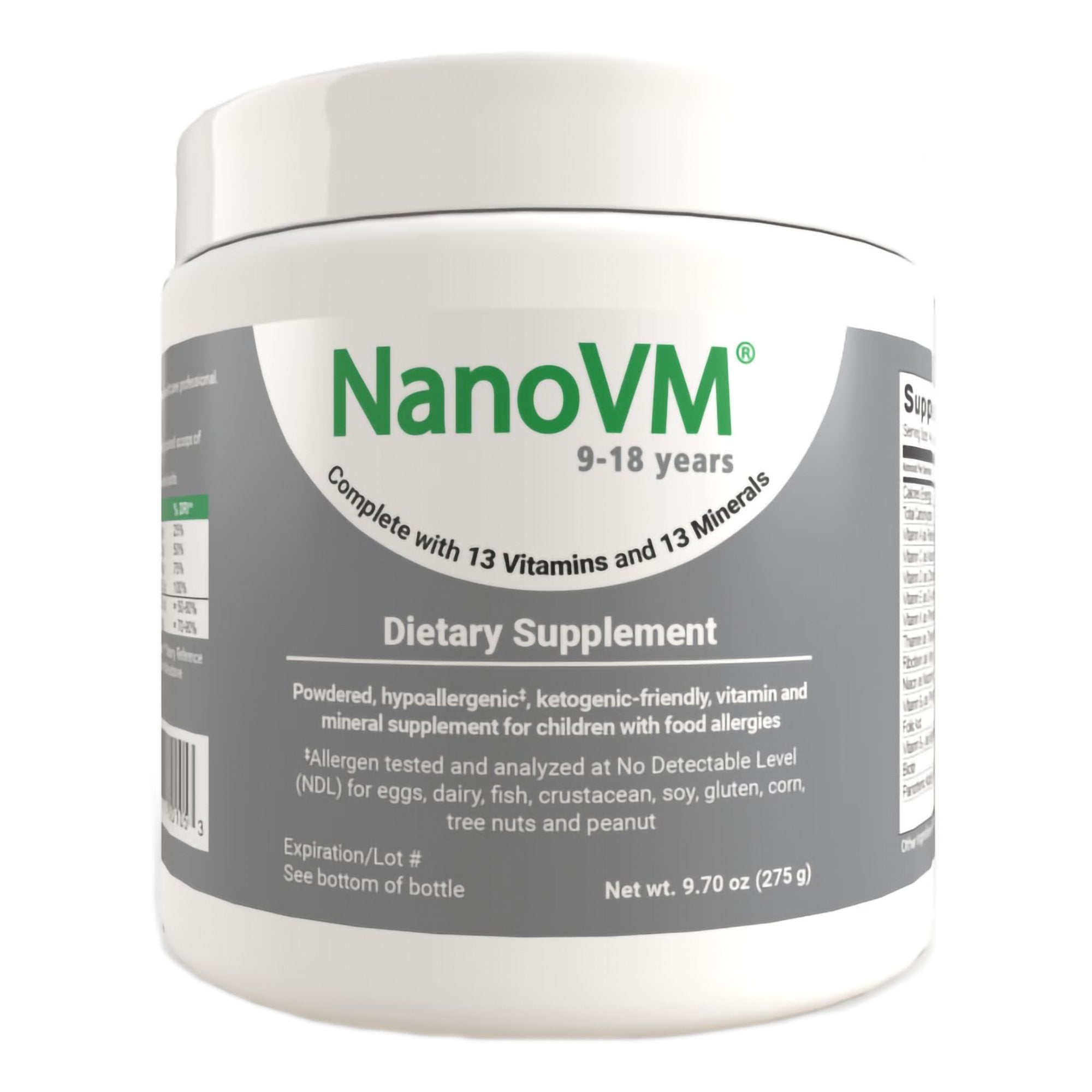 Solace Nutrition - Pediatric Oral Supplement NanoVM® 9 - 18 Years Unflavored 275 Gram Jar Powder Vitamins / Minerals Food Allergies [1/EA]