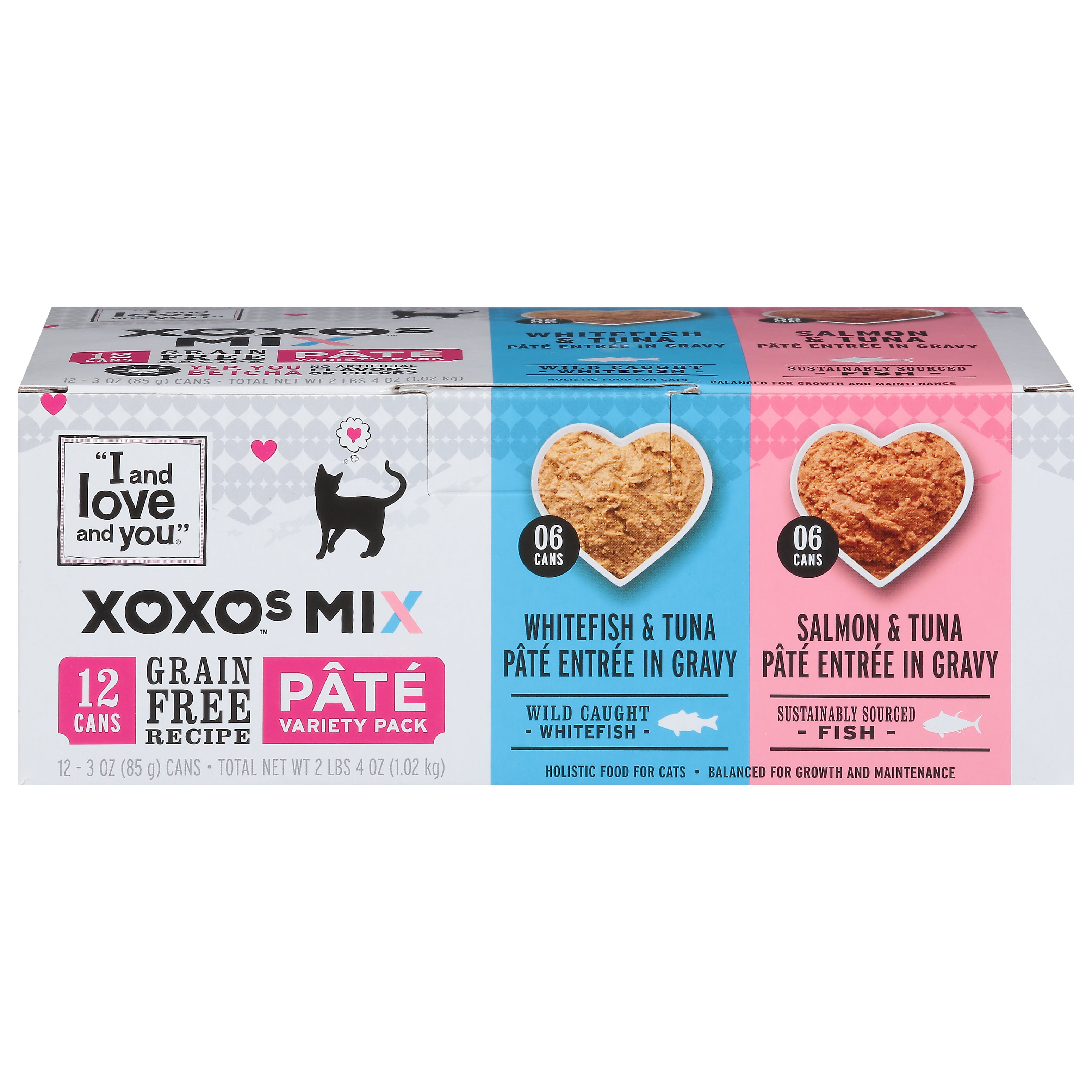 I and Love and You XOXOs Mix Grain Free Recipe Holistic Whitefish & Tuna Pate Entree in Gravy/Salmon & Tuna Pate Entree in Gravy Food for Cats 12 - 3 oz Cans - Case of 2