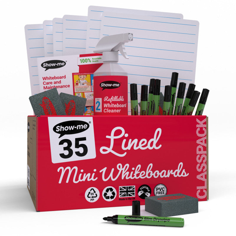 Classpack of 35 x Lined/Plain 8" x 12" Lapboards, with Pens, Erasers, Cleaner