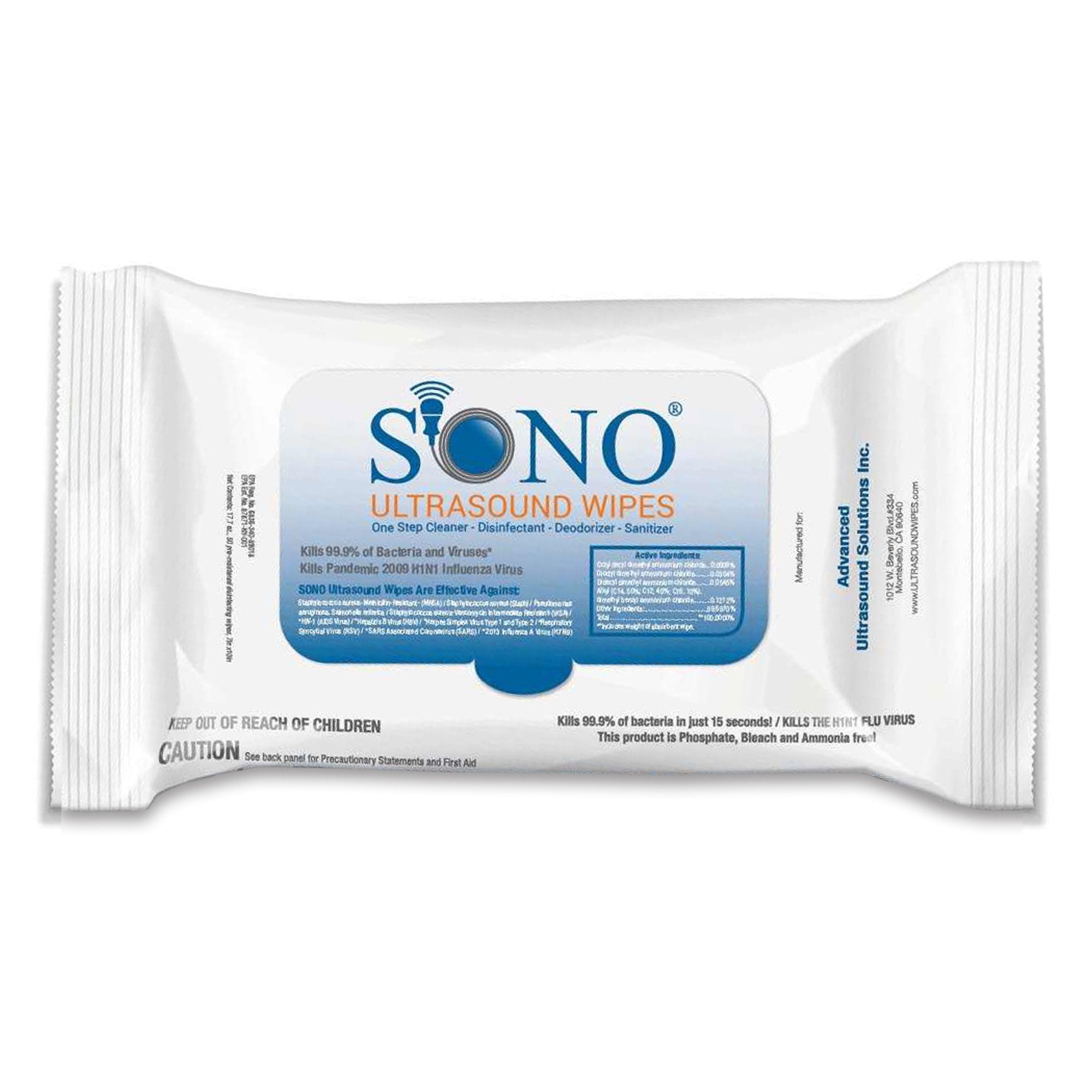 Advanced Ultrasound Solutions - Sono® Surface Disinfectant Cleaner Premoistened Manual Pull Wipe 50 Count Soft Pack Scented NonSterile [1/PK]
