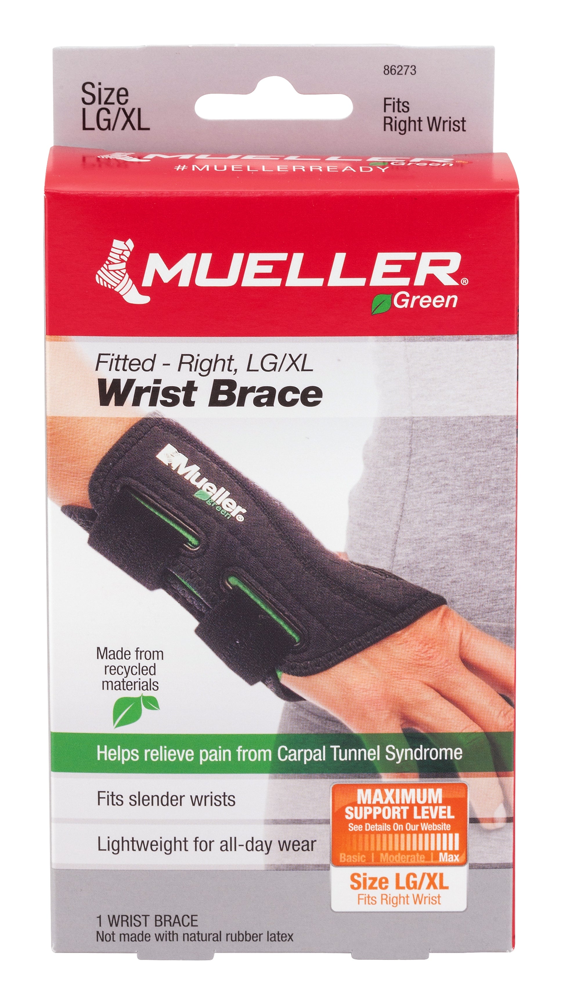 Mueller Sports Medicine - Wrist Brace Mueller® Green Plastic / Spandex Right Hand Black Large / X-Large [1/EA]