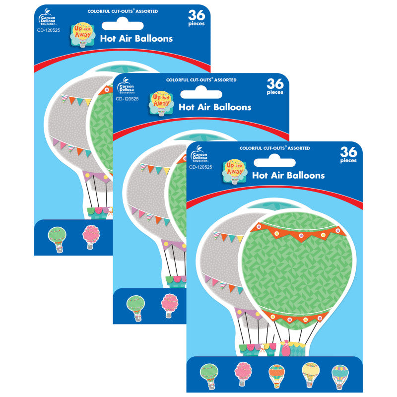 CARSON DELLOSA EDUCATION - Up and Away Hot Air Balloons Cut-Outs, 36 Per Pack, 3 Packs