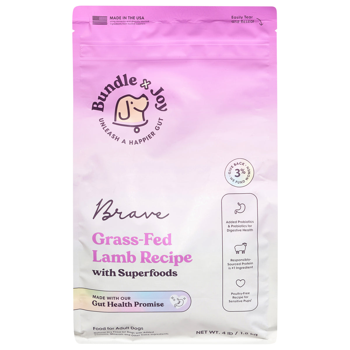 Bundle x Joy Grass-Fed Adult Lamb Recipe with Superfoods Food for Dogs 4 lb - Case of 4