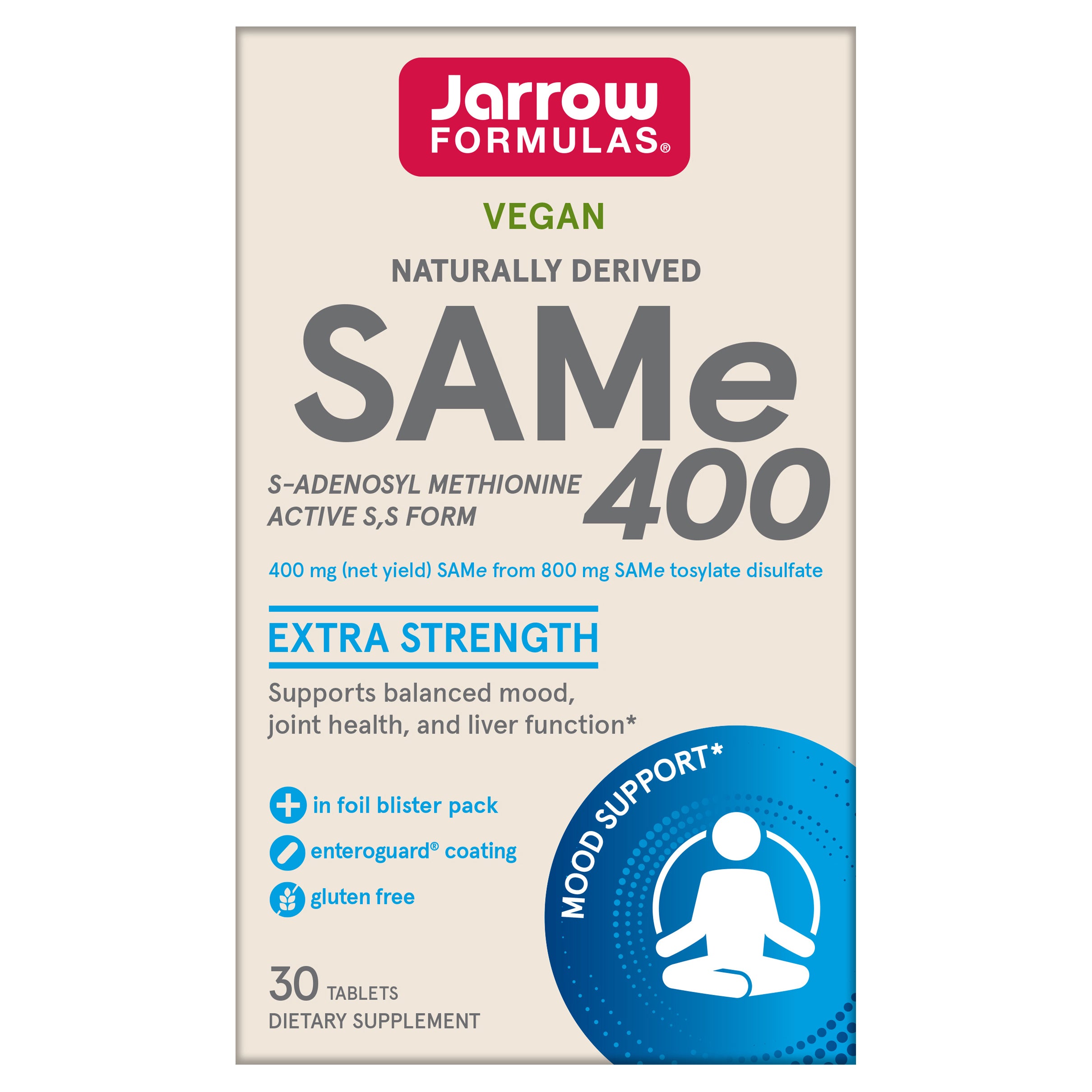 Jarrow Formulas SAMe Supplement 400 mg - 30 Tablets - High Concentration of Active S,S Form - Supports Joint Health, Liver Function, Brain Metabolism, Balanced Mood & Antioxidant Defense - 30 Servings - Case of 1