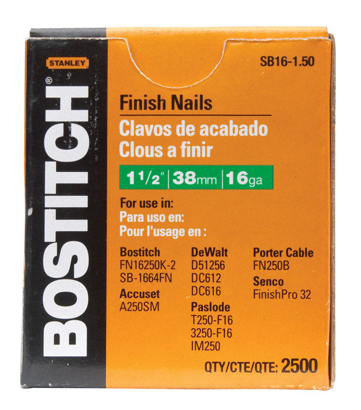 STANLEY BOSTITCH - Bostitch 1-1/2 in. 16 Ga. Straight Strip Coated Finish Nails 2500 pk