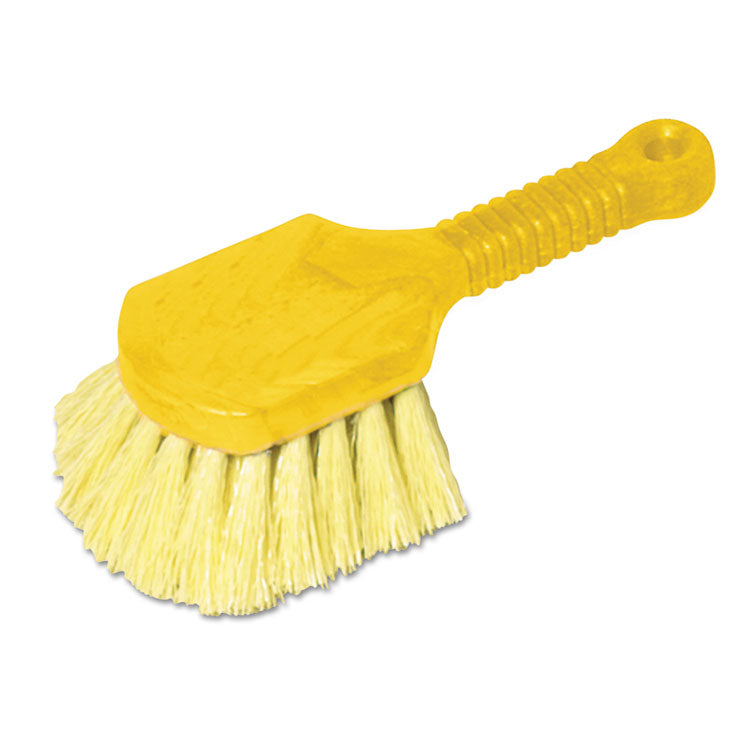Rubbermaid Commercial - Long Handle Scrub, Yellow Synthetic Bristles, 8" Brush, 8" Gray Plastic Handle