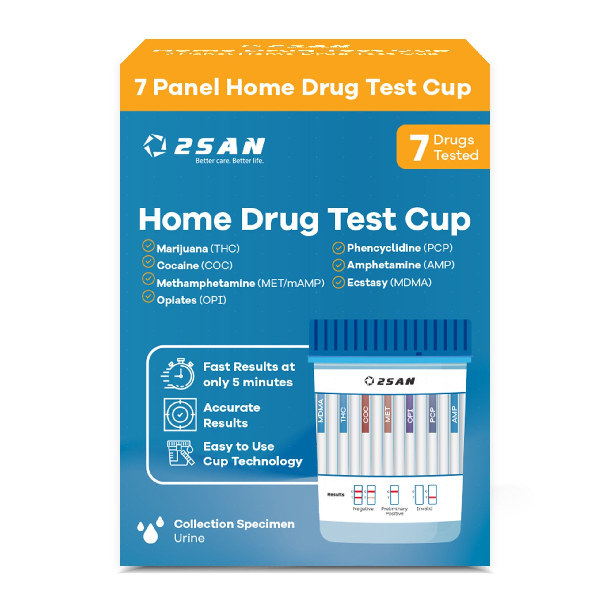 2San LLC - Drugs of Abuse Test Kit 2San AMP, COC, mAMP/MET, MDMA, OPI, PCP, THC 1 per Kit (18 Kits per Case) CLIA Waived [18/CS]