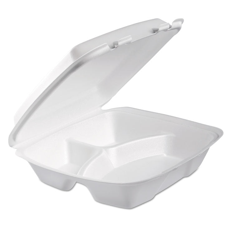Dart - Foam Hinged Lid Container, Performer Perforated Lid, 3-Compartment, 9 x 9.4 x 3, White, 100/Bag, 2 Bag/Carton