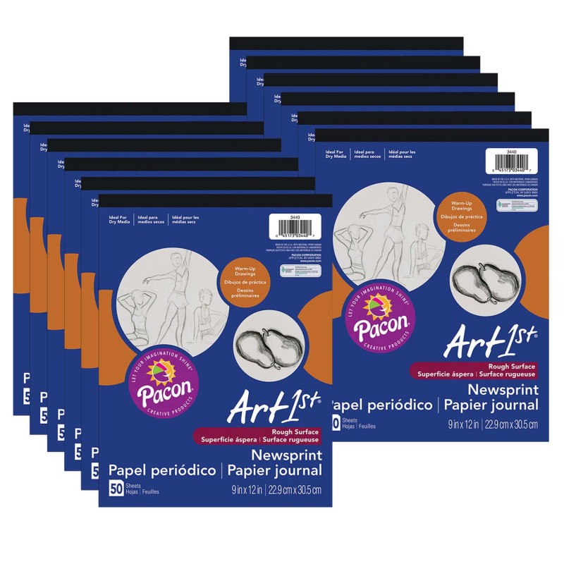 UCREATE - Newsprint Pad, White, 9" x 12", 50 Sheets, Pack of 12