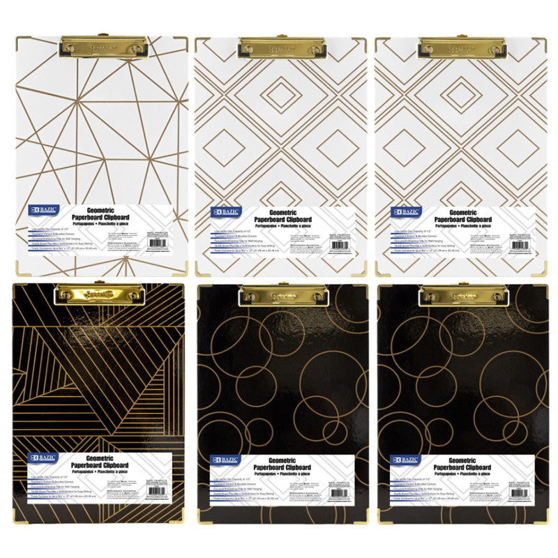 BAZIC PRODUCTS - Paperboard Clipboard with Gold Low Profile Clip, Assorted Geometric Designs (No Design Choice), 12.9" x 9", Pack of 6