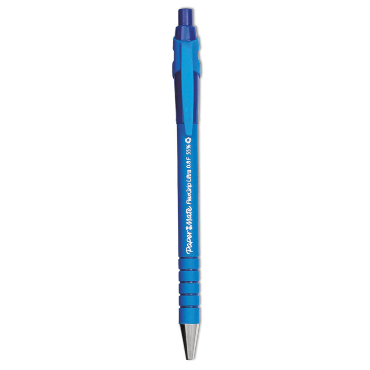 Paper Mate - FlexGrip Ultra Ballpoint Pen, Retractable, Fine 0.8 mm, Blue Ink, Black/Blue Barrel, Dozen