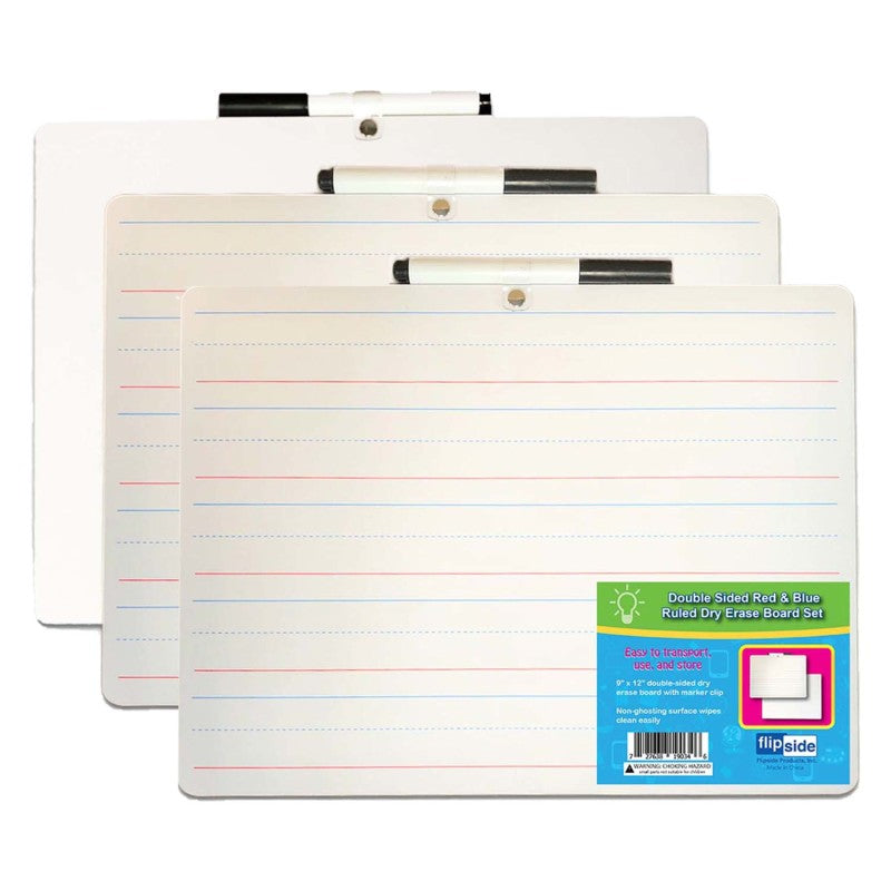 FLIPSIDE PRODUCTS - Two-Sided Primary Ruled/Blank Dry Erase Board with Attached Marker, 9" x 12", Pack of 3