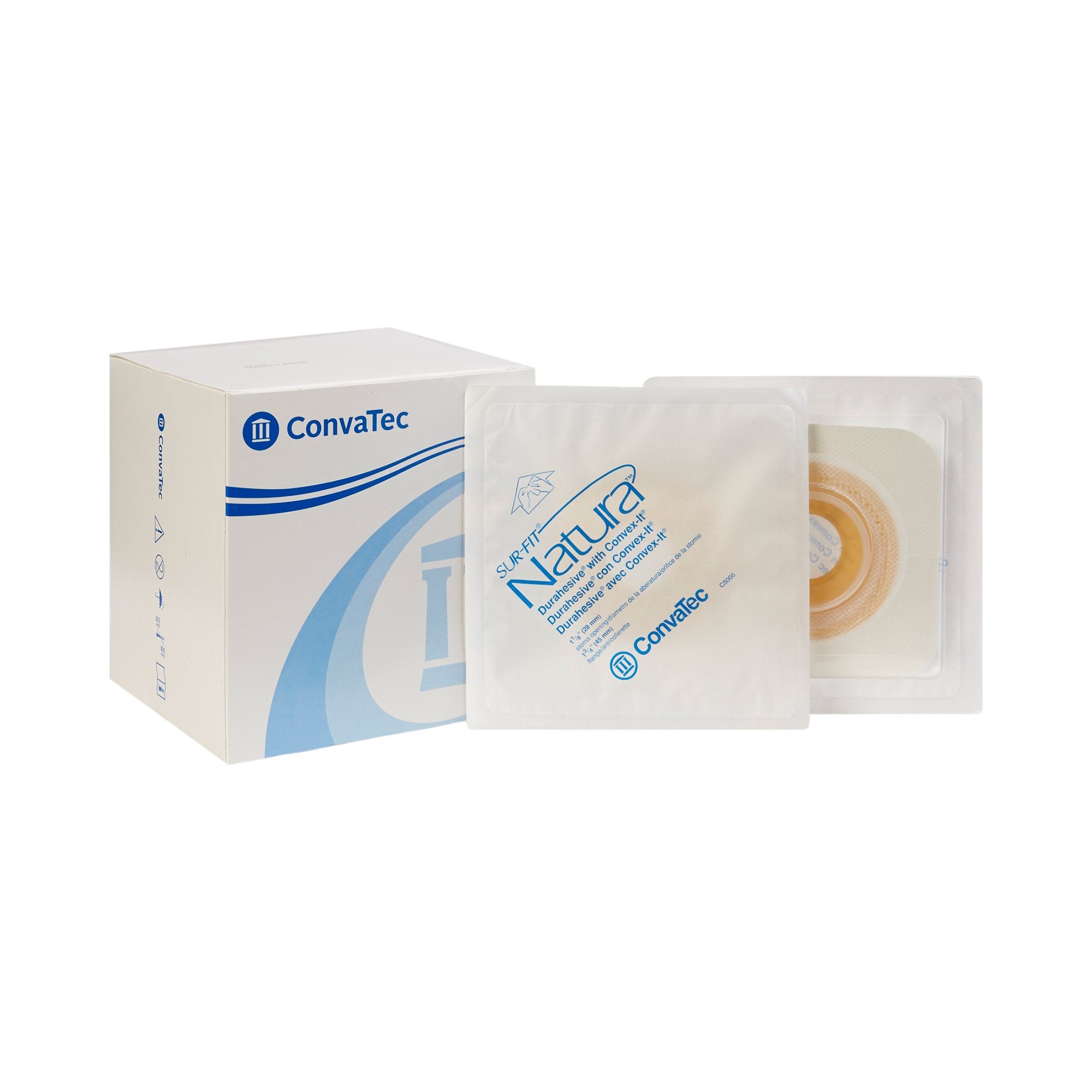 ConvaTec - Ostomy Barrier Sur-Fit Natura® Precut, Extended Wear Durahesive® Adhesive 45 mm Flange Sur-Fit Natura® System Hydrocolloid 1-1/8 Inch Opening 4-1/2 X 4-1/2 Inch [10/BX]