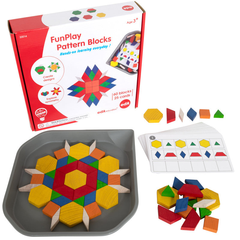 EDXEDUCATION - FunPlay Pattern Blocks - Set of 60 Wooden Math Manipulatives + 50 Activities + Messy Tray