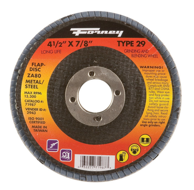 FORNEY - Forney 4-1/2 in. D X 7/8 in. Zirconia Aluminum Oxide Flap Disc 80 Grit 1 pc
