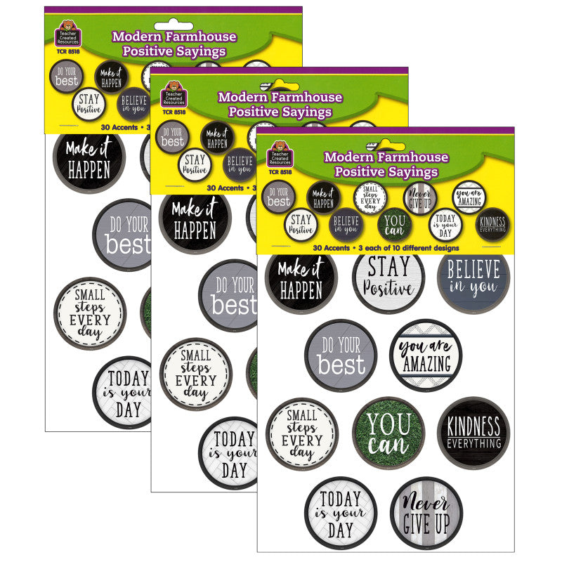 TEACHER CREATED RESOURCES - Modern Farmhouse Positive Saying Accents, 30 Per Pack, 3 Packs