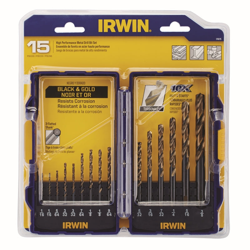 IRWIN TOOLS - Irwin Turbomax High Speed Steel Drill Bit Set Straight Shank 15 pc
