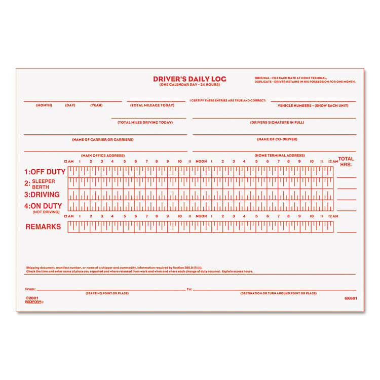 Rediform - Driver's Daily Log Book with Daily Record and Hours Summary, Two-Part Carbonless, 7.88 x 5.5, 31 Forms Total