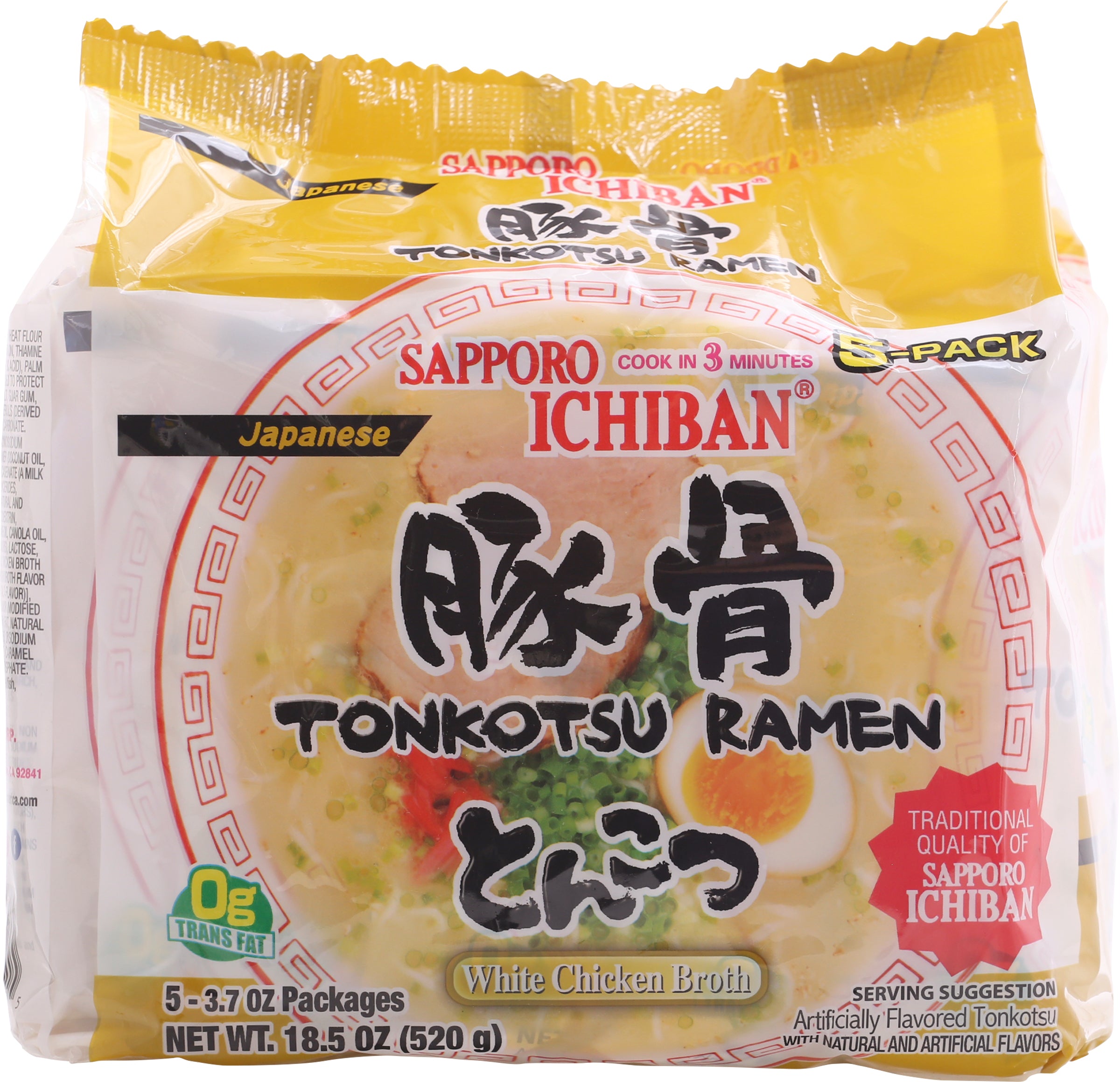 Sapporo Ichiban Japanese White Chicken Broth Tonkotsu Ramen 5-3.7 oz Packs - Case of 6