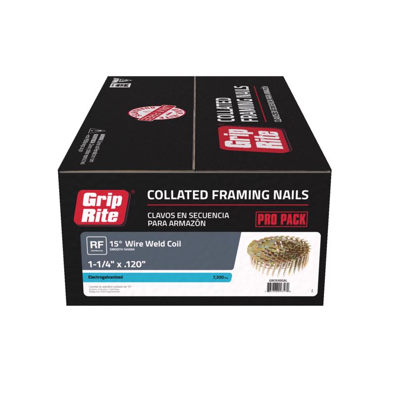GRIP-RITE - Grip-Rite 1-1/4 in. 11 Ga. Angled Coil Electro Galvanized Roofing Nails 15 deg 7200 pk