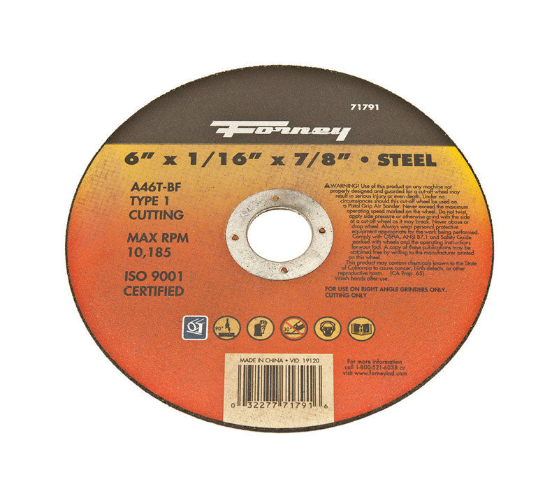 FORNEY - Forney 6 in. D X 7/8 in. Aluminum Oxide Metal Cut-Off Wheel 1 pc [71791]