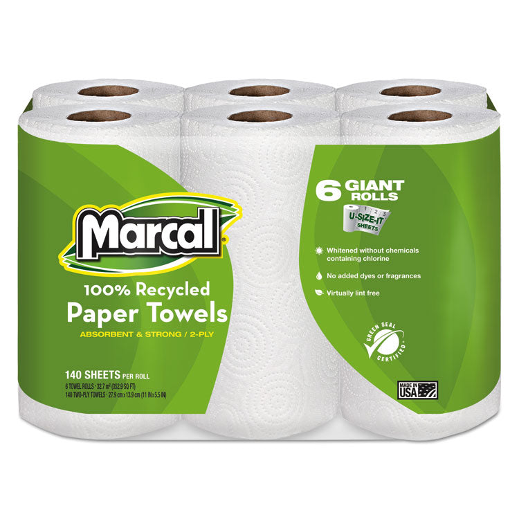 Marcal - 100% Premium Recycled Kitchen Roll Towels, 2-Ply, 11 x 5.5, White, 140/Roll, 6 Rolls/Pack