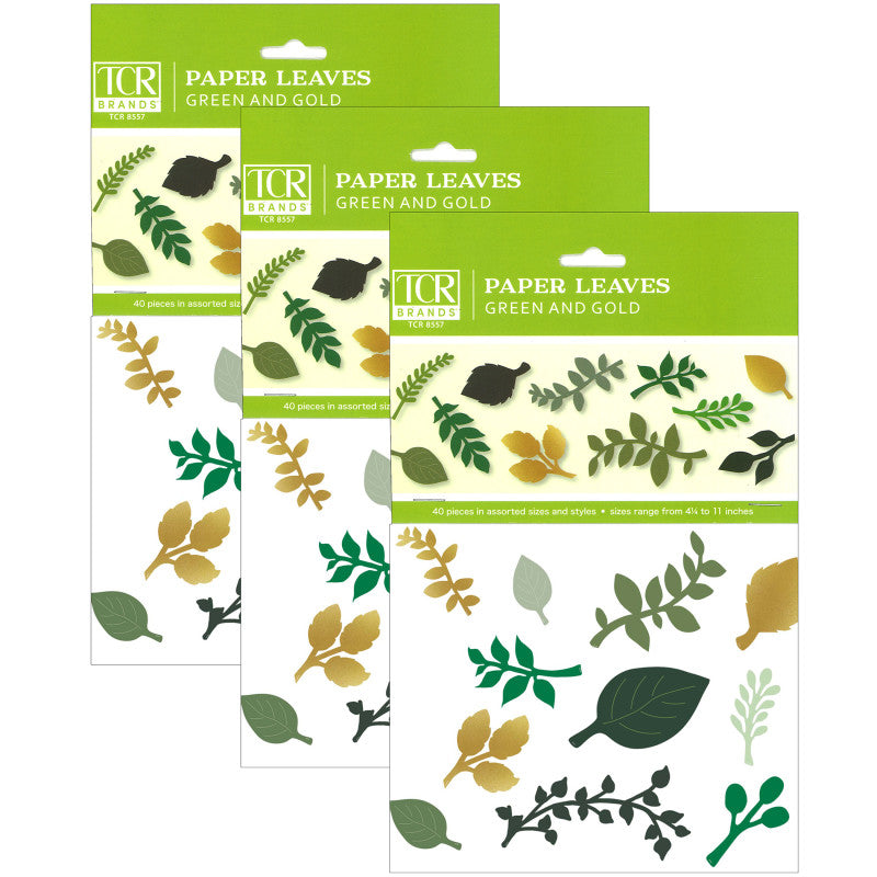 TEACHER CREATED RESOURCES - Green and Gold Paper Leaves, 40 Per Pack, 3 Packs