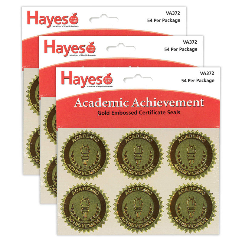 HAYES PUBLISHING - Gold Foil Embossed, Academic Achievement, Certificate Seals, 54 Per Pack, 3 Packs