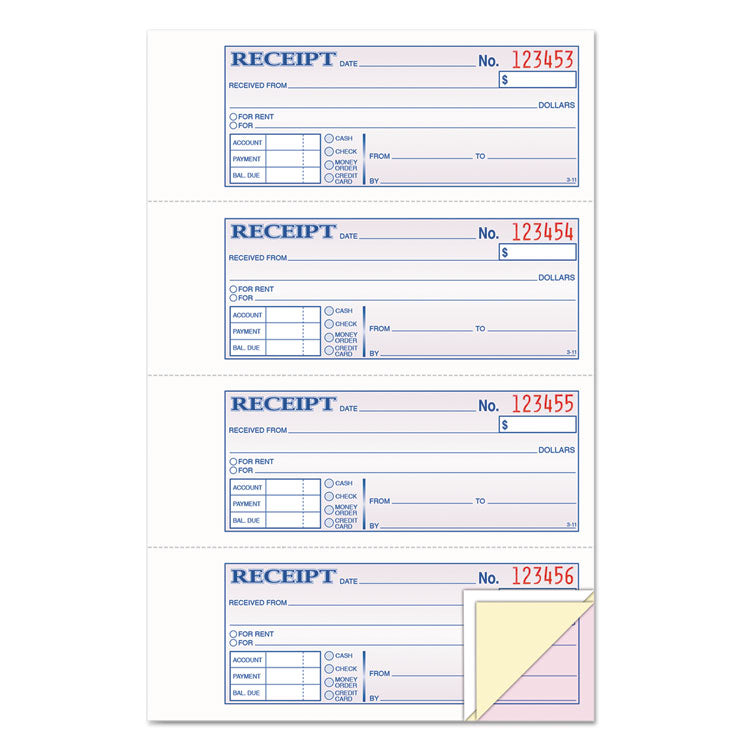 TOPS - Money and Rent Receipt Book, Account + Payment Sections, Three-Part Carbonless, 7.13 x 2.75, 4 Forms/Sheet, 100 Forms Total