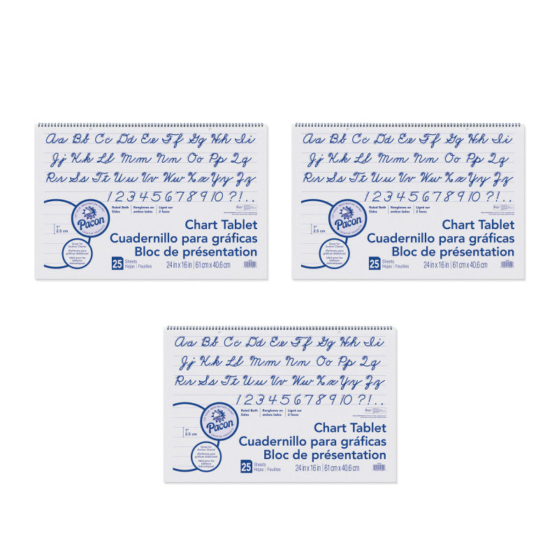 PACON - Chart Tablet, Cursive Cover, 1" Ruled, 24" x 16", 25 Sheets Per Tablet, 3 Tablets