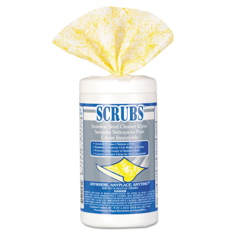 SCRUBS - Stainless Steel Cleaner Towels, 9.75 x 10.5, Lemon Scent, 30/Canister, 6 Canisters/Carton
