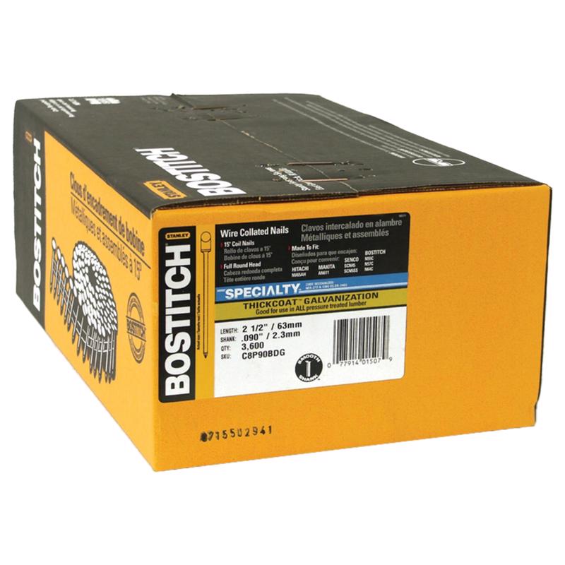 STANLEY BOSTITCH - Bostitch 2-1/2 in. 13 Ga. Angled Coil Galvanized Siding Nails 15 deg 3,600 pk