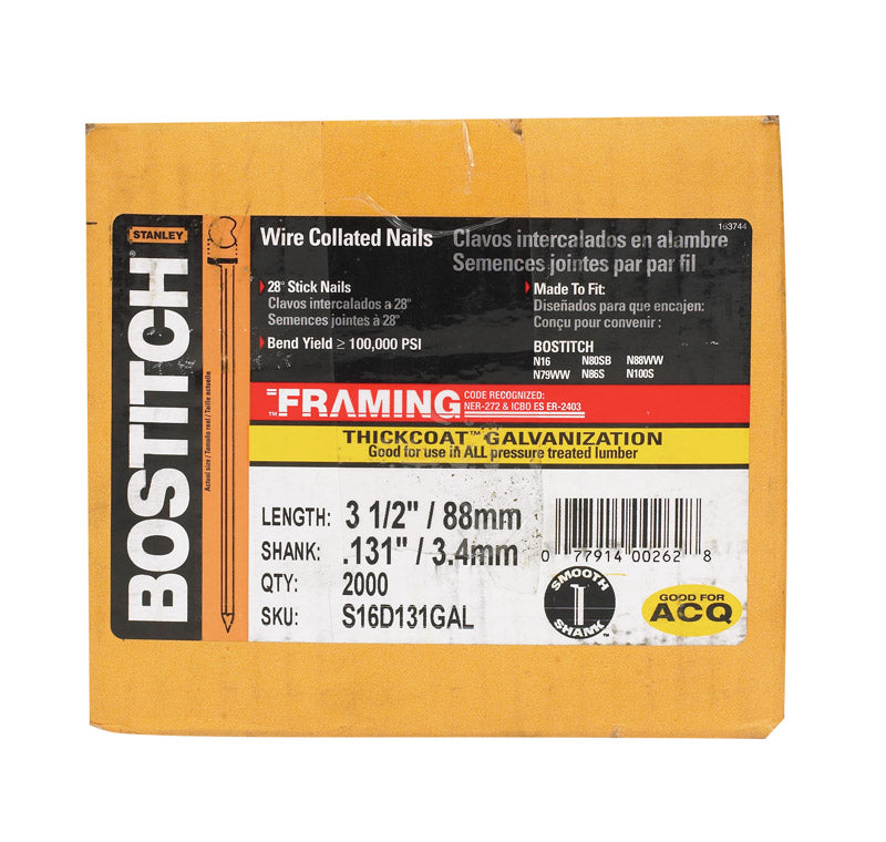 STANLEY BOSTITCH - Bostitch 3-1/2 in. Angled Strip Galvanized Stick Nails 28 deg 2000 pk