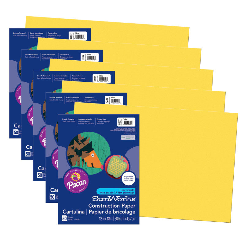 PRANG - Construction Paper, Yellow, 12" x 18", 50 Sheets Per Pack, 5 Packs (PAC8407-5)