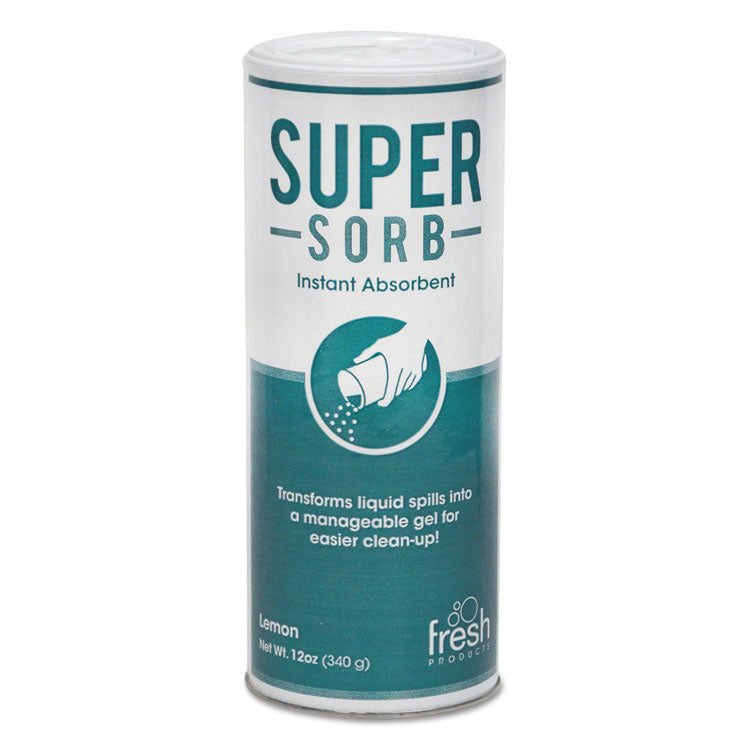 Fresh Products - Super-Sorb Liquid Spill Absorbent, Lemon Scent, 720 oz, 12 oz Shaker Can, 6/Box