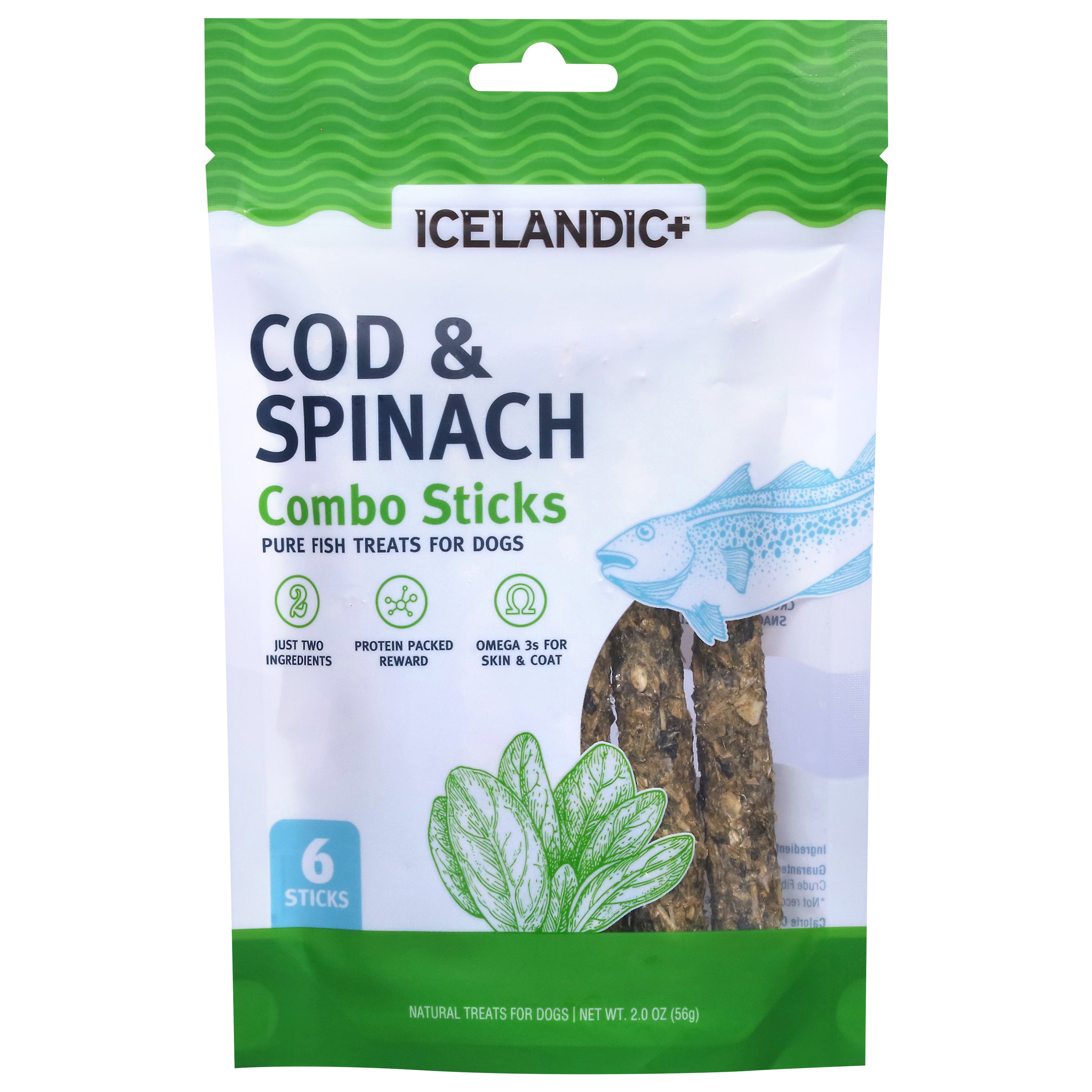 Icelandic+ Combo Sticks Pure Fish Cod & Spinach Treats for Dogs 6 Sticks - Case of 6