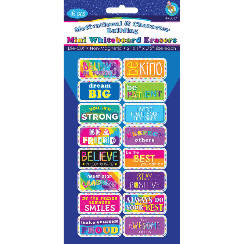 ASHLEY PRODUCTIONS - Non-Magnetic Mini Whiteboard Erasers, Motivational/Character Building, Pack of 16