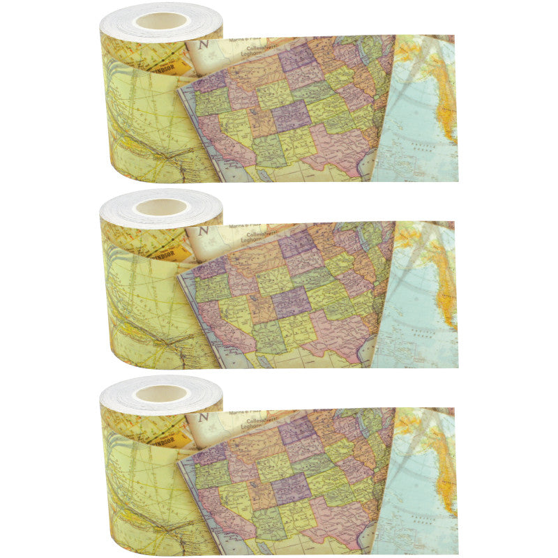 TEACHER CREATED RESOURCES - Travel the Map Straight Rolled Border Trim, 50 Feet Per Roll, Pack of 3