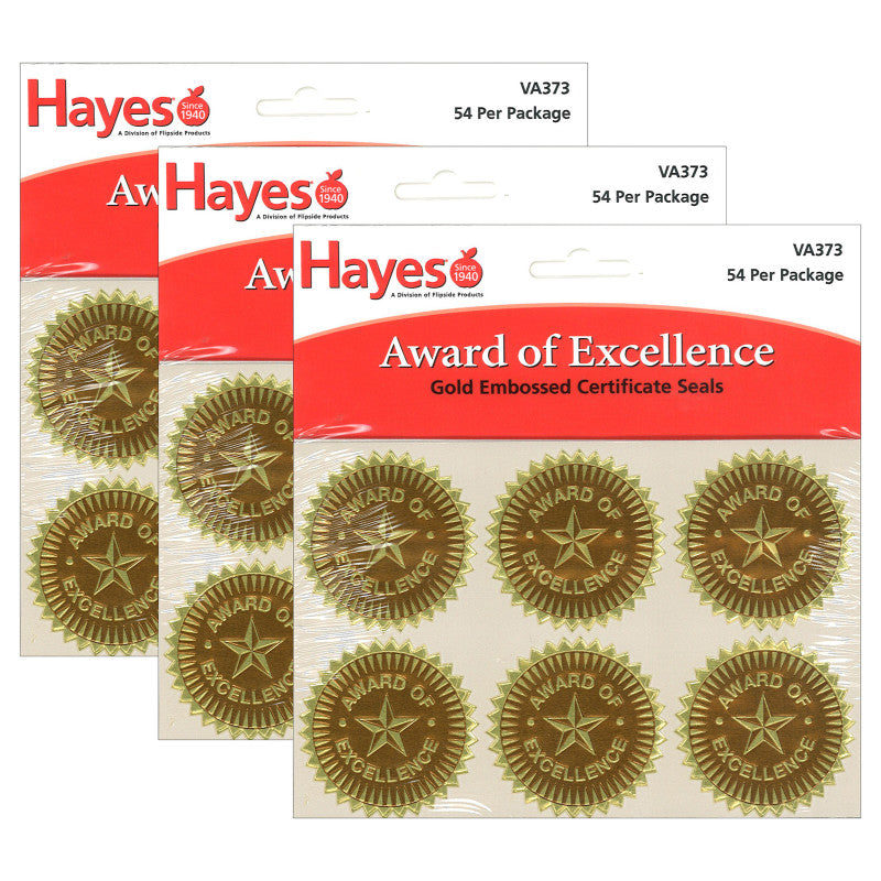 HAYES PUBLISHING - Gold Foil Embossed, Award of Excellence, Certificate Seals, 54 Seals Per Pack, 3 Packs